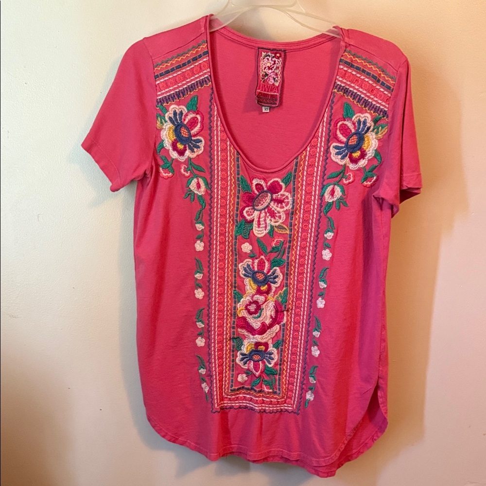 Johnny Was Pink Floral Embroidered Tee